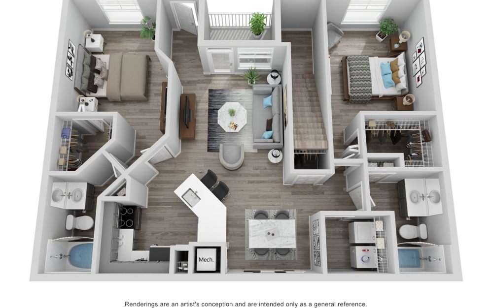 Floor plan for 2 beds, 2 baths, 1081 sqft
